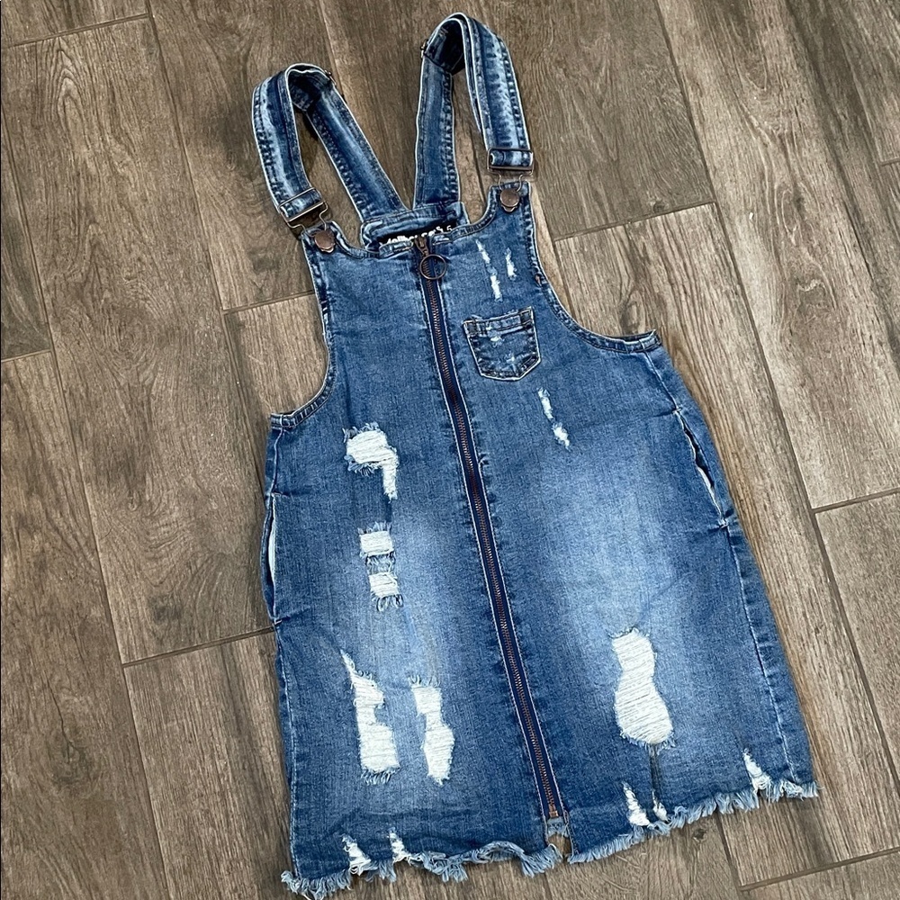 Dollhouse Blue Distressed Denim Overall Dress